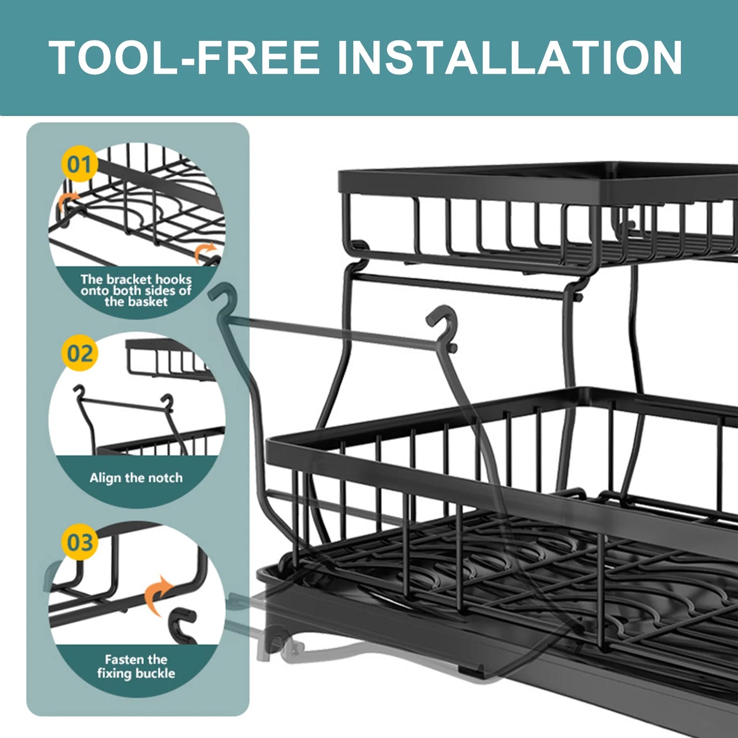 Home Kitchen 2-Tier Stainless Steel Foldable Dish Racks ,18.9"x12.2"x11.8"in, Black