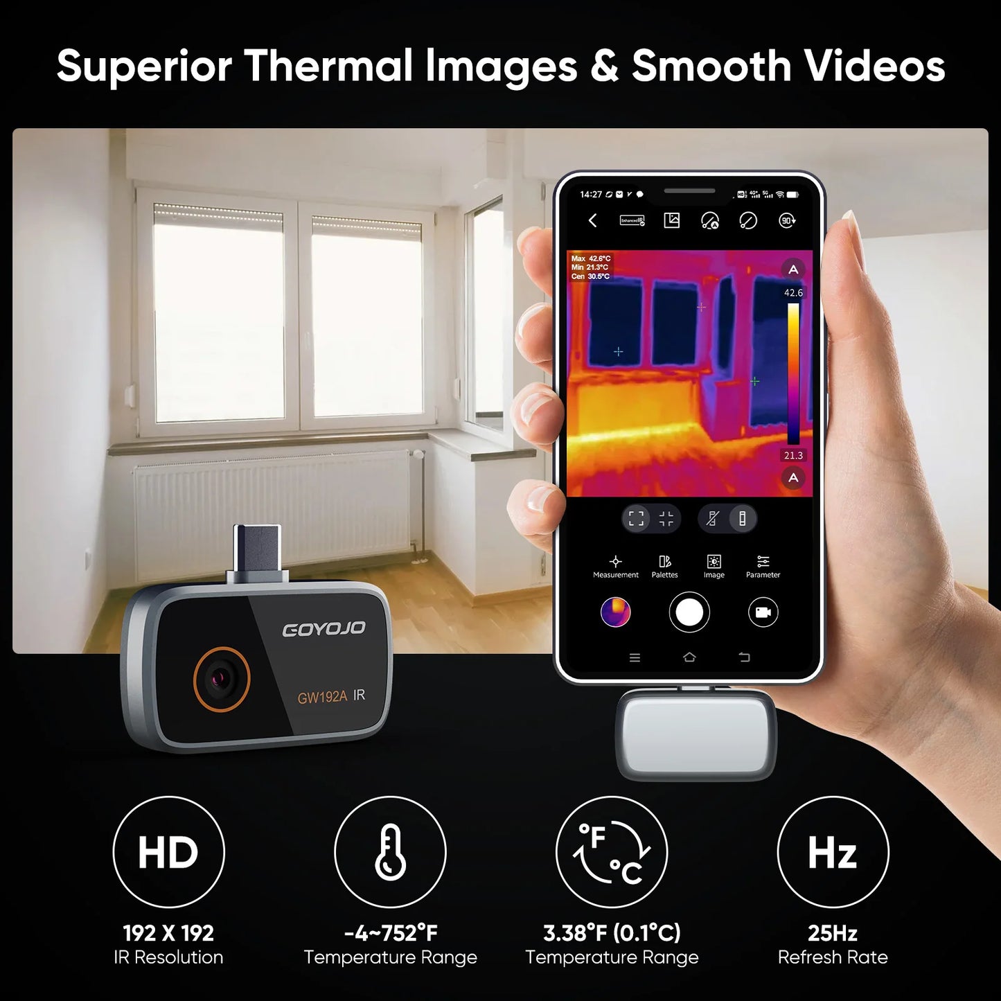 Thermal Imaging Camera for Android, 192x192 IR Resolution, USB-C Thermal Imager, -4℉ to 752℉ Infrared Camera for Home Inspection