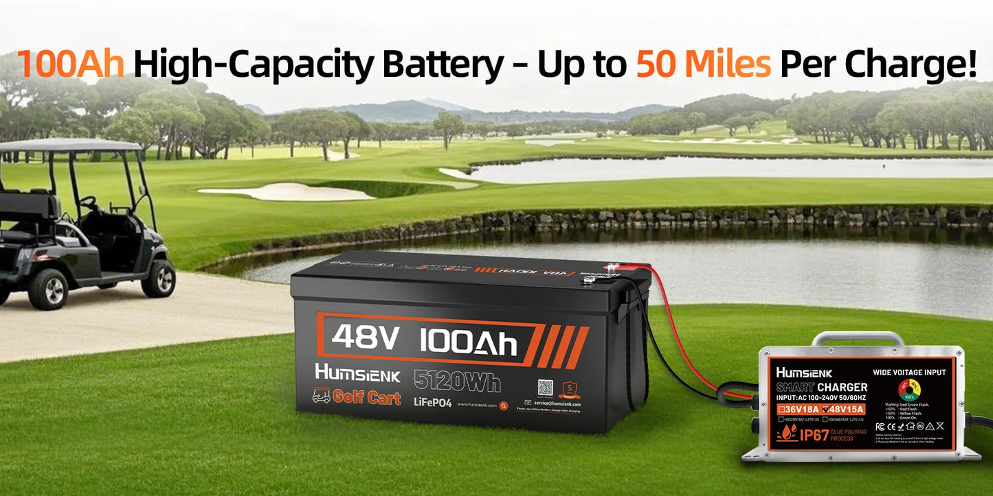 HumSienk LiFePO4 Battery Packs 48V 100Ah Specially Designed For Golf Cart 200A BMS Robust 5120Wh Smart Bluetooth Monitor