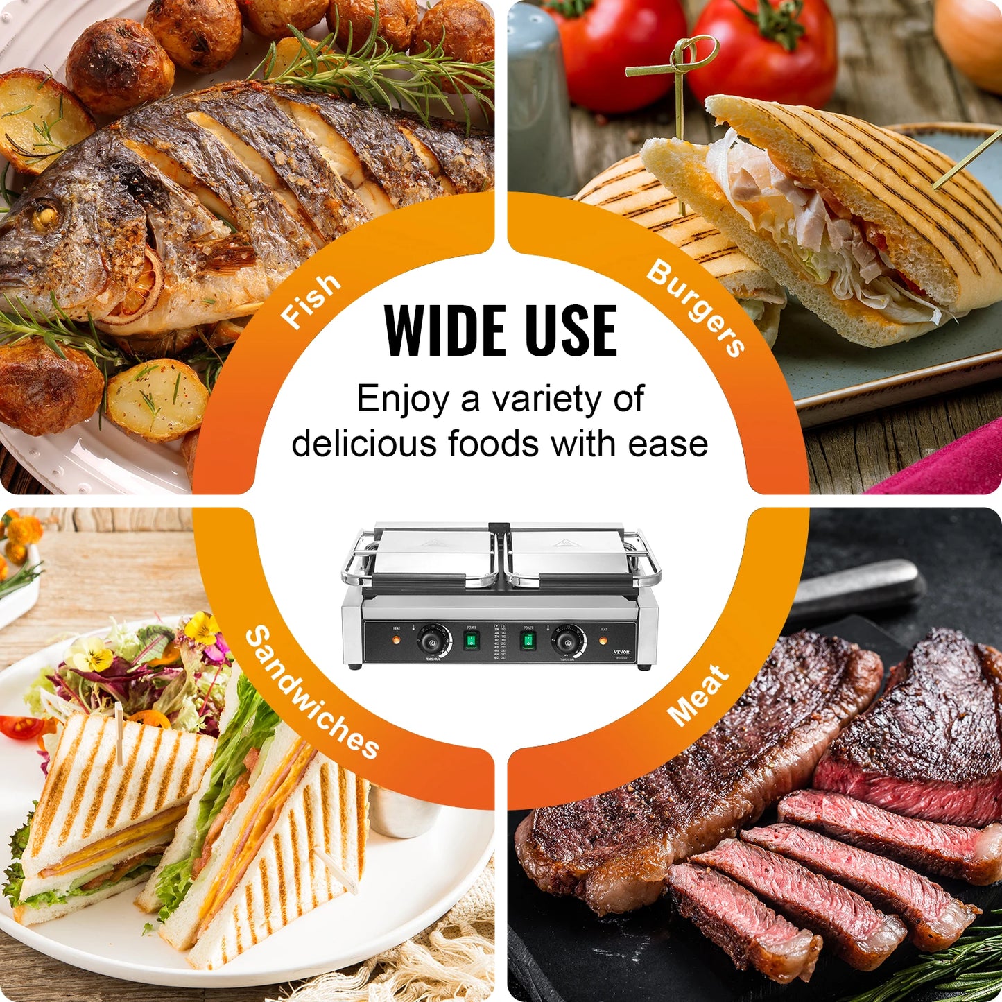 SucceBuy Commercial Panini Grill 3600W Electric Sandwich Panini Maker 19"x9" Full Grooved Enamel Plate for Hamburger Steak Bacon