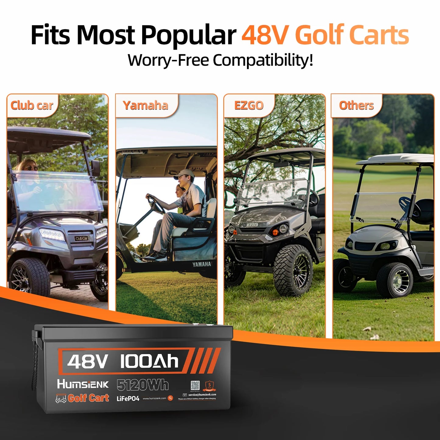 HumSienk LiFePO4 Battery Packs 48V 100Ah Specially Designed For Golf Cart 200A BMS Robust 5120Wh Smart Bluetooth Monitor