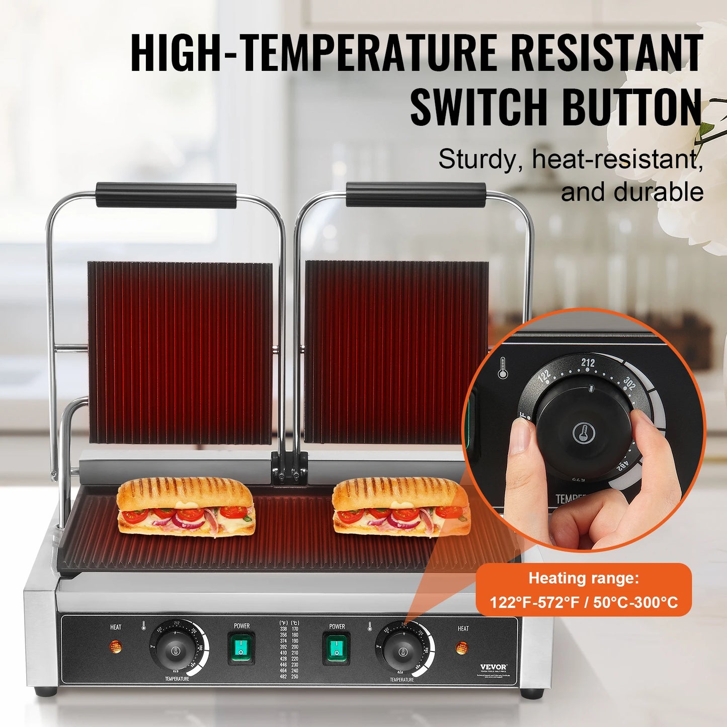 SucceBuy Commercial Panini Grill 3600W Electric Sandwich Panini Maker 19"x9" Full Grooved Enamel Plate for Hamburger Steak Bacon