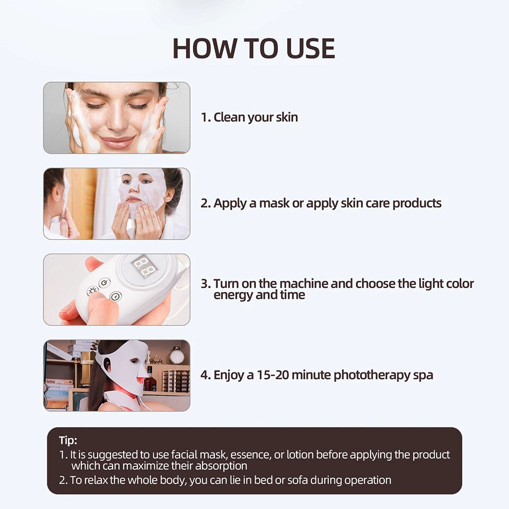 7 Colors Photon Face Neck LED Mask 3D Flexible Silicone Facial Beauty Mask Red Light Infrared Skin Care Repair Skin Wireless Use