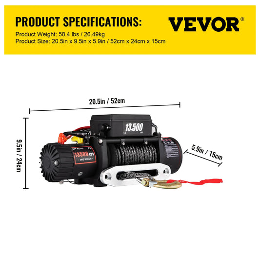 VEVOR 13500LBS Electric Truck Winch12v Electric Winch ATV Synthetic Rope with Remote Control for 4X4 Car Trailer ATV Truck