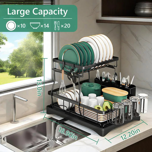 Home Kitchen 2-Tier Stainless Steel Foldable Dish Racks ,18.9"x12.2"x11.8"in, Black