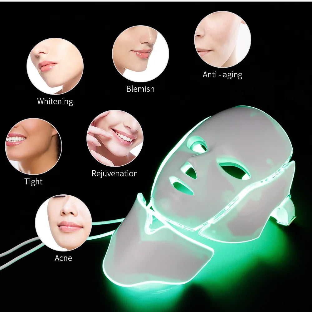 Foreverlily 7 Colors Light LED Facial Skin Care Mask With Neck Skin Rejuvenation Treatment Beauty Anti Acne Therapy Whitening