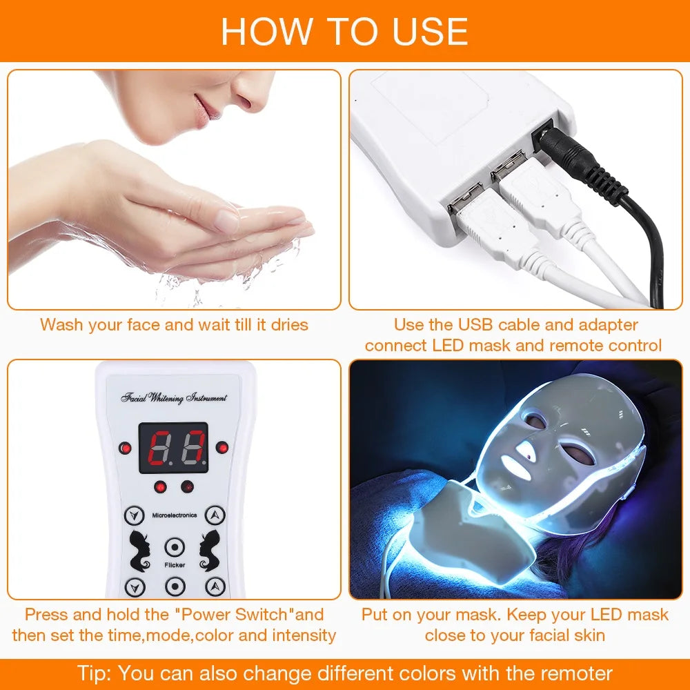 Foreverlily 7 Colors Light LED Facial Skin Care Mask With Neck Skin Rejuvenation Treatment Beauty Anti Acne Therapy Whitening