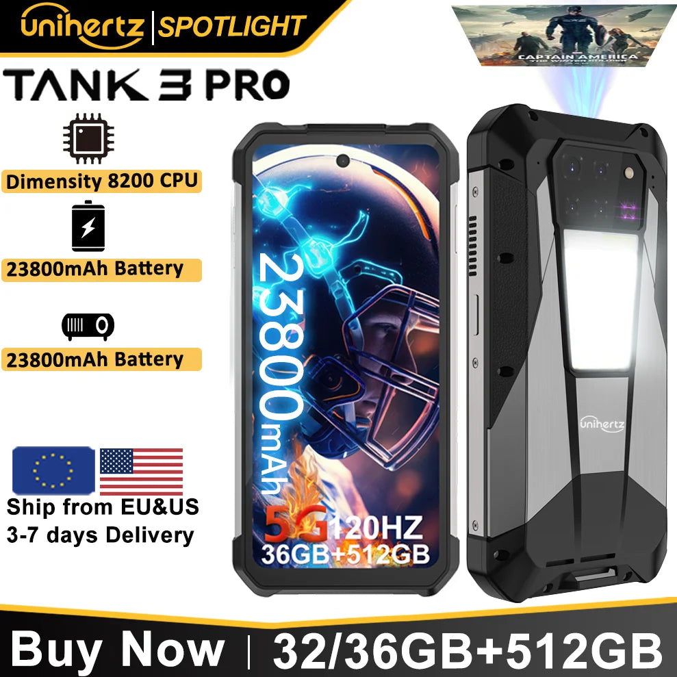 US EU MX Warehouse Unihertz Tank 3 Pro 8849 with 100 Lumens 5G Projector phone,32GB/36GB RAM,512GB ROM,23800mAh 120W,200MP, NFC