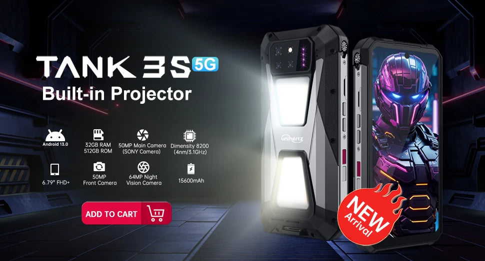 US EU MX Warehouse Unihertz Tank 3 Pro 8849 with 100 Lumens 5G Projector phone,32GB/36GB RAM,512GB ROM,23800mAh 120W,200MP, NFC